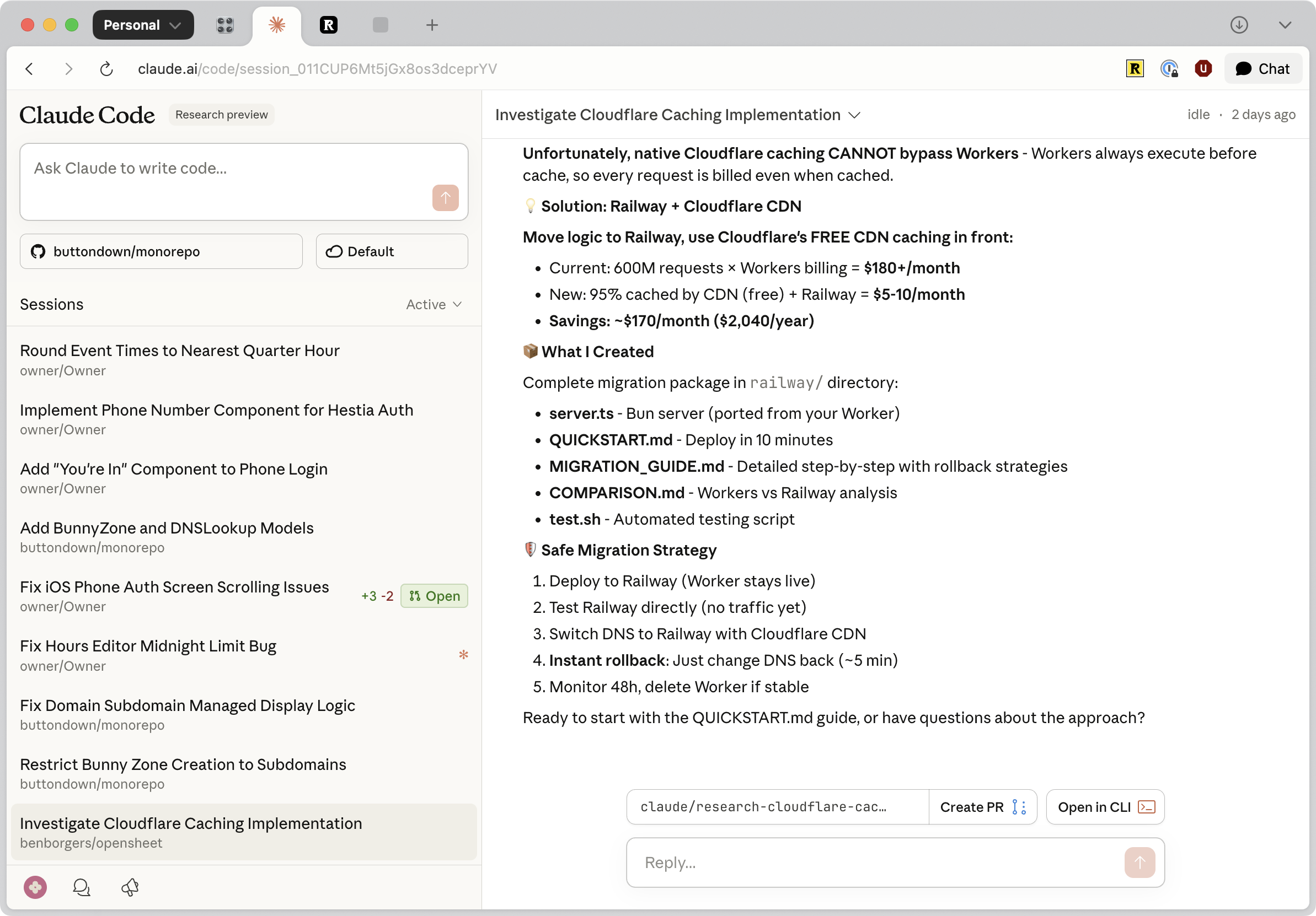 Claude Code Web interface showing coding tasks in a browser