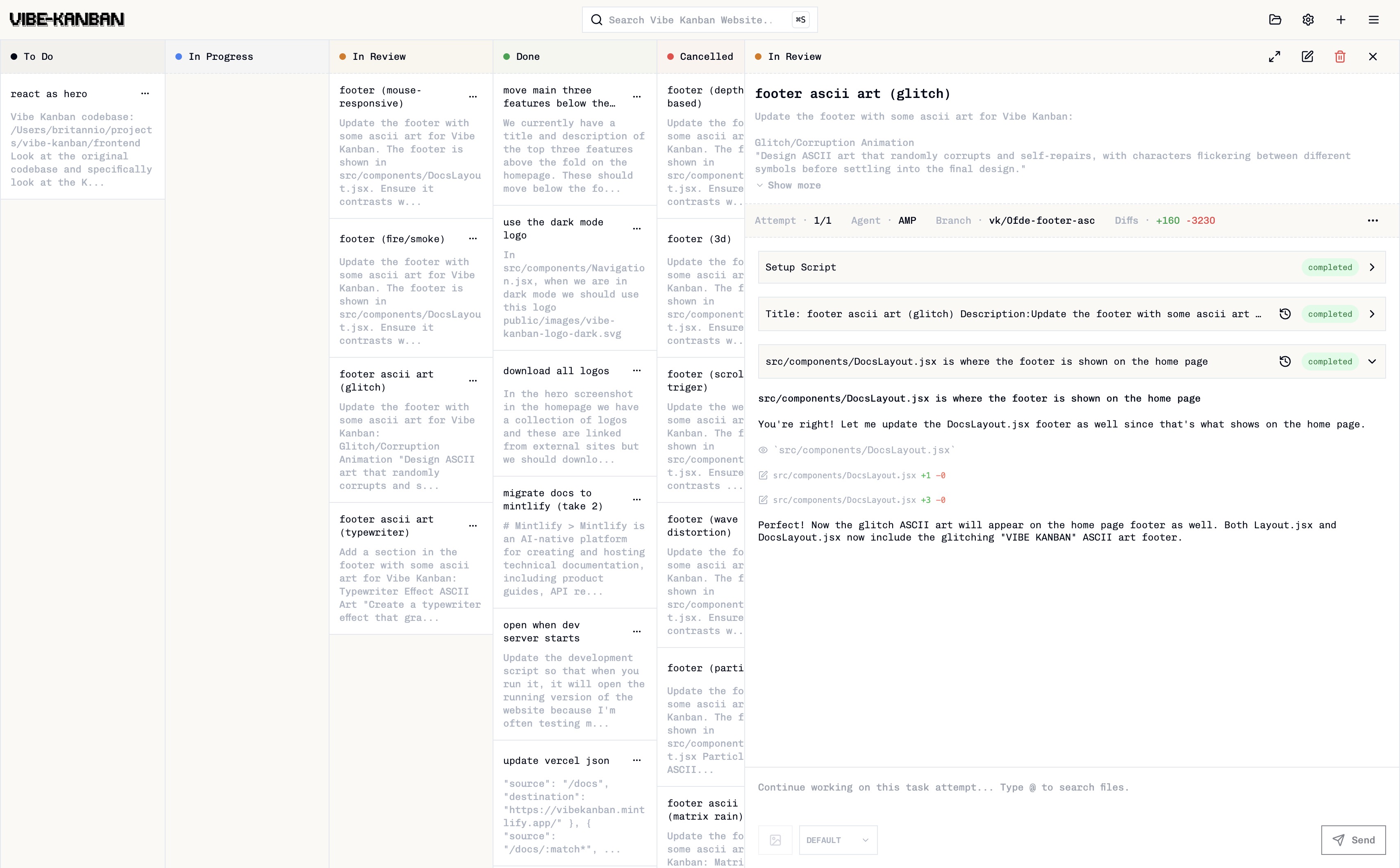 Vibe Kanban board with tasks and agent runs